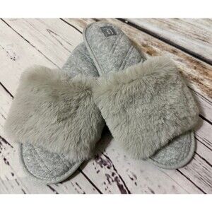 LongBay Womens Fuzzy Faux Fur Memory Foam Flat Spa Slide Slippers Grey Large